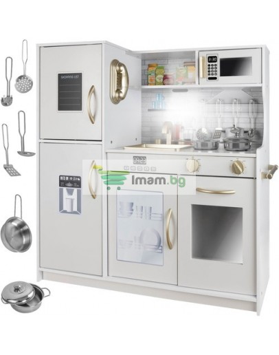 Дървена кухня с аксесоари, LED осветление и звук, бяла